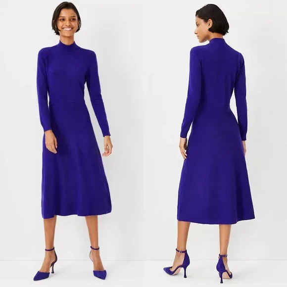 NWT Ann Taylor Ultraviolet Blue Mock Neck Midi Flare Sweater Dress - Picture 1 of 6
